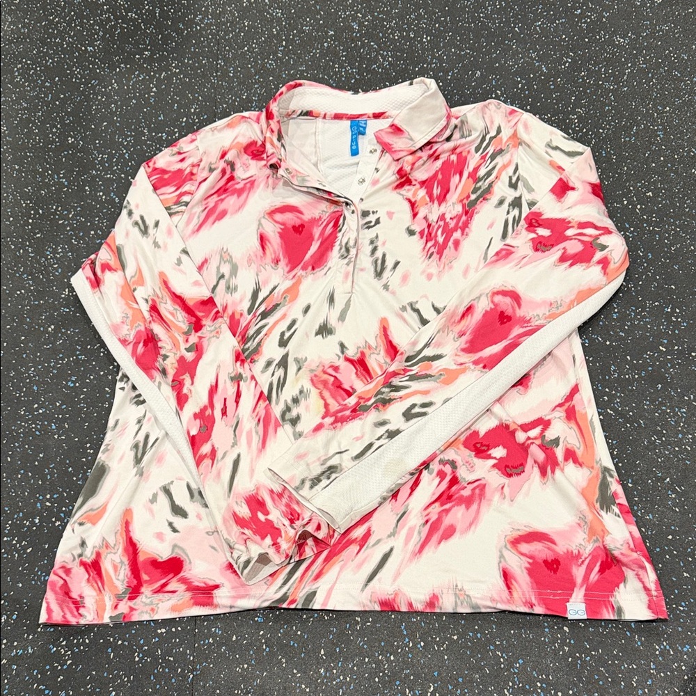 Golf/active wear long sleeve top in bright pinks/white and grey.
